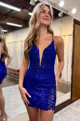 Plunging Neck Blue Straps Lace Sequin Short Homecoming Dress-27dress