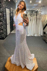 Plunging Neck Halter White Long Prom Dress with Cutout Waist