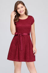 Plus Size A-Line Jewel Burgundy Lace Bridesmaid dress with Short Sleeves-27dress