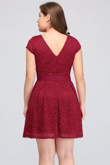 Plus Size A-Line Jewel Burgundy Lace Bridesmaid dress with Short Sleeves-27dress