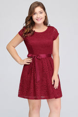 Plus Size A-Line Jewel Burgundy Lace Bridesmaid dress with Short Sleeves-27dress