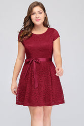 Plus Size A-Line Jewel Burgundy Lace Bridesmaid dress with Short Sleeves-27dress
