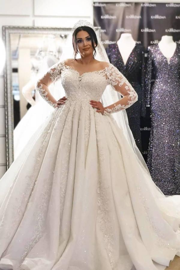 Plus Size A-Line Long Sleeves Lace Applique Wedding Dress with Cathedral Train-27dress