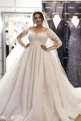 Plus Size A-Line Long Sleeves Lace Applique Wedding Dress with Cathedral Train-27dress