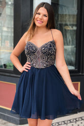 Plus Size Beading Chiffon Navy Blue Homecoming Dress-27dress
