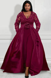 Plus Size Burgundy V-Neck Lace Jumpsuits for Women-27dress