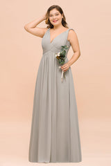 Plus Size Chiffon V-neck Sleeveless Affordable Bridesmaid Dress with Ruffle-27dress