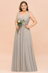 Plus Size Chiffon V-neck Sleeveless Affordable Bridesmaid Dress with Ruffle-27dress