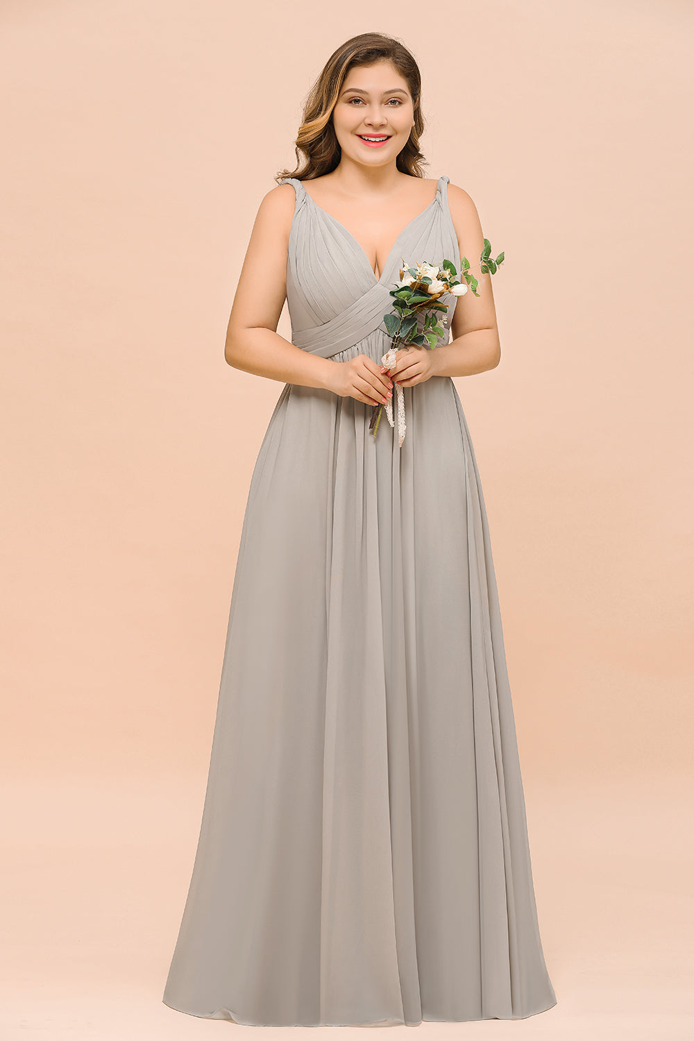 Plus Size Chiffon V-neck Sleeveless Affordable Bridesmaid Dress with Ruffle-27dress
