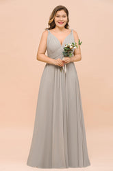Plus Size Chiffon V-neck Sleeveless Affordable Bridesmaid Dress with Ruffle-27dress