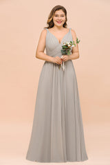 Plus Size Chiffon V-neck Sleeveless Affordable Bridesmaid Dress with Ruffle-27dress
