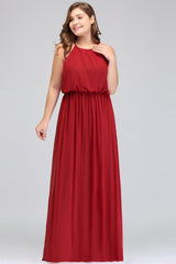 Plus Size Elegant Halter Red Chiffon Long Bridesmaid Dresses with Ruffle-27dress