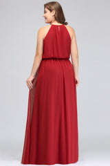 Plus Size Elegant Halter Red Chiffon Long Bridesmaid Dresses with Ruffle-27dress