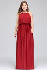 Plus Size Elegant Halter Red Chiffon Long Bridesmaid Dresses with Ruffle-27dress