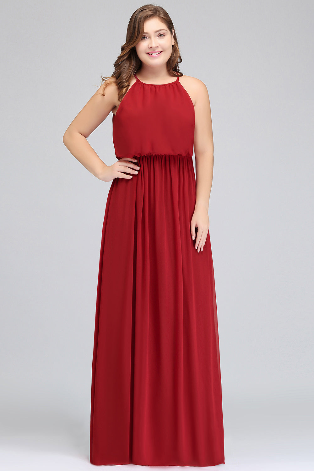 Plus Size Elegant Halter Red Chiffon Long Bridesmaid Dresses with Ruffle-27dress