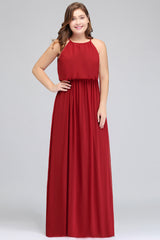 Plus Size Elegant Halter Red Chiffon Long Bridesmaid Dresses with Ruffle-27dress