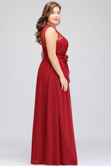 Plus Size Jewel Sleeveless Red Lace Long Bridesmaid Dress with Ruffle-27dress