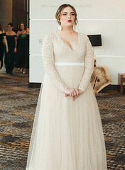Plus Size Long A-line Lace Pleats Tulle Long Sleeves Wedding Dresses-27dress