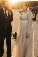 Plus Size Long A-line Lace Pleats Tulle Long Sleeves Wedding Dresses-27dress