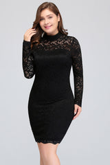 Plus Size Mermaid High-Neck Lace Short Bridesmaid Dress with Long Sleeves-27dress