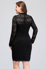 Plus Size Mermaid High-Neck Lace Short Bridesmaid Dress with Long Sleeves-27dress