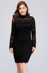 Plus Size Mermaid High-Neck Lace Short Bridesmaid Dress with Long Sleeves-27dress