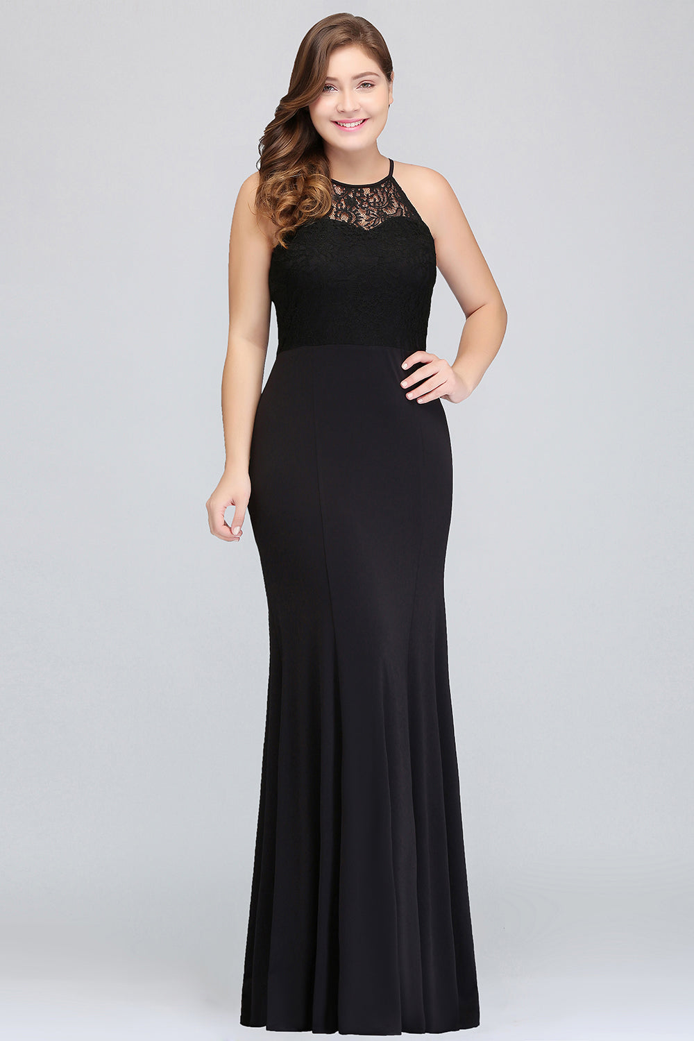 Plus Size Mermaid Jewel Lace Black Bridesmaid Dress Online-27dress