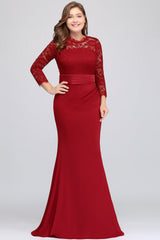 Plus Size Mermaid Long Red Lace Bridesmaid Dresses with 3/4 Sleeves-27dress