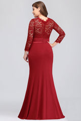Plus Size Mermaid Long Red Lace Bridesmaid Dresses with 3/4 Sleeves-27dress