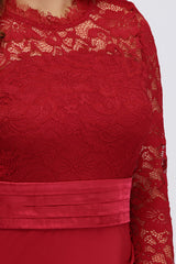 Plus Size Mermaid Long Red Lace Bridesmaid Dresses with 3/4 Sleeves-27dress