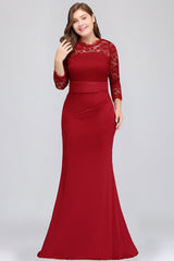 Plus Size Mermaid Long Red Lace Bridesmaid Dresses with 3/4 Sleeves-27dress