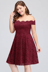 Plus Size Off-the-Shoulder Burgundy Lace Short Bridesmaid Dress Online-27dress