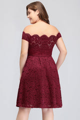 Plus Size Off-the-Shoulder Burgundy Lace Short Bridesmaid Dress Online-27dress