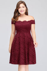 Plus Size Off-the-Shoulder Burgundy Lace Short Bridesmaid Dress Online-27dress