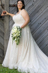 27DRESS Plus Size Sleeveless Tulle Wedding Dresses with Lace Applique