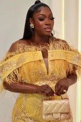 Plus Size Yellow Sequined Prom Jumpsuits for Women with Feather-27dress