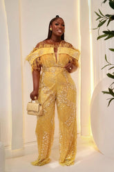 Plus Size Yellow Sequined Prom Jumpsuits for Women with Feather-27dress