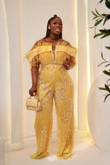 Plus Size Yellow Sequined Prom Jumpsuits for Women with Feather-27dress