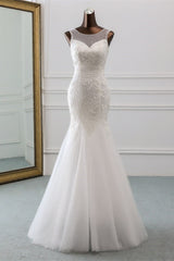 Popular Jewel Sleeveless White Mermaid Wedding Dresses with Appliques-27dress