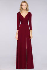 Popular Spandex Long-Sleeves Burgundy Bridesmaid Dresses with Side-Slit-27dress