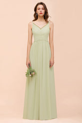 Popular V-Neck Sage Chiffon Affordable Bridesmaid Dress with Low Back-27dress