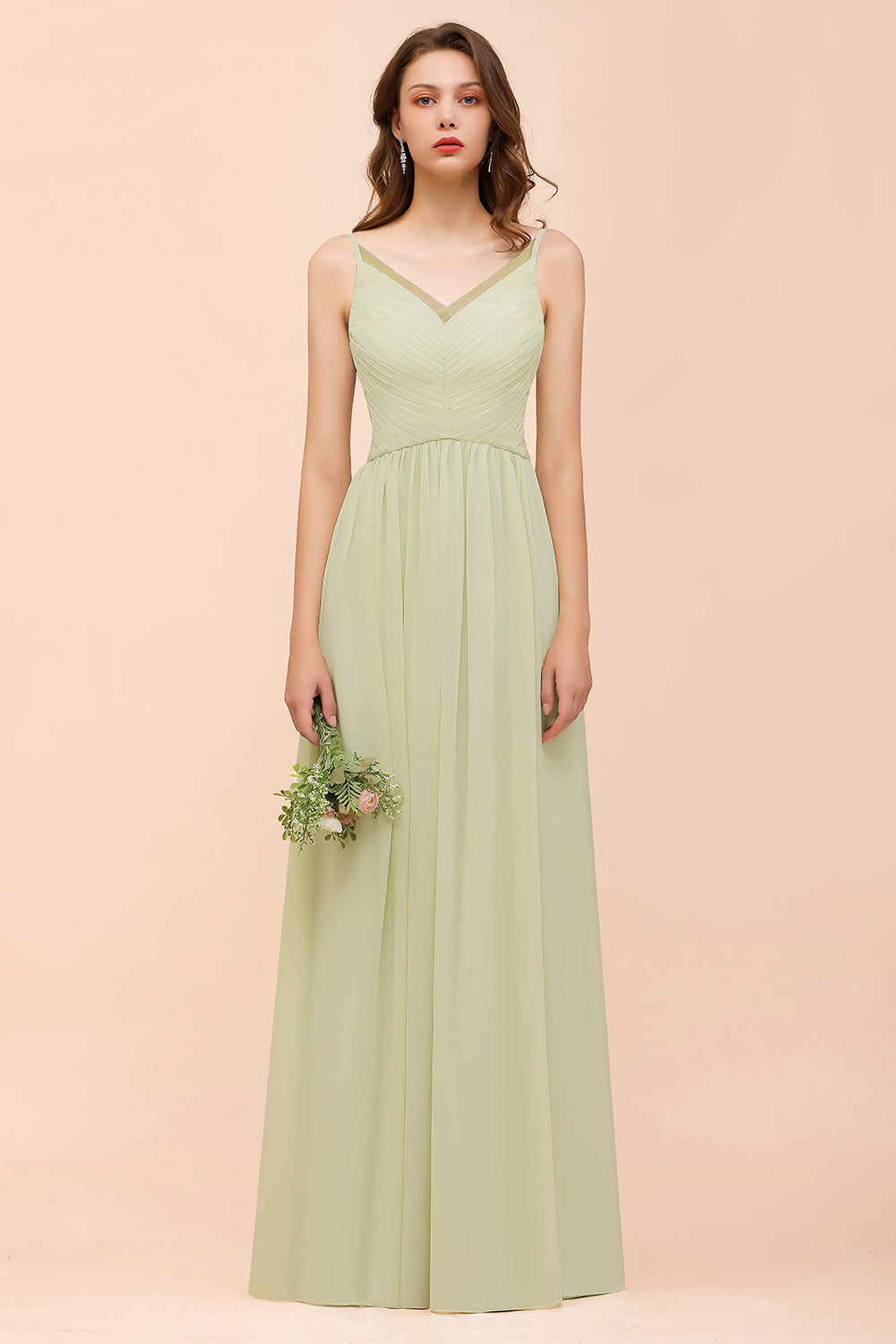 Popular V-Neck Sage Chiffon Affordable Bridesmaid Dress with Low Back-27dress
