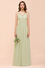 Popular V-Neck Sage Chiffon Affordable Bridesmaid Dress with Low Back-27dress
