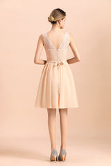 Pretty V-Neck Chiffon Lace Short Bridesmaid Dress with Ruffles Online-27dress