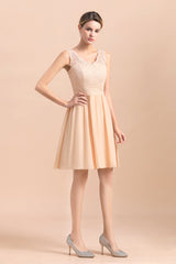 Pretty V-Neck Chiffon Lace Short Bridesmaid Dress with Ruffles Online-27dress