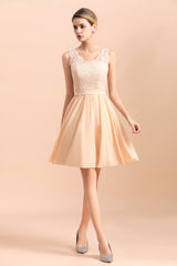 Pretty V-Neck Chiffon Lace Short Bridesmaid Dress with Ruffles Online-27dress