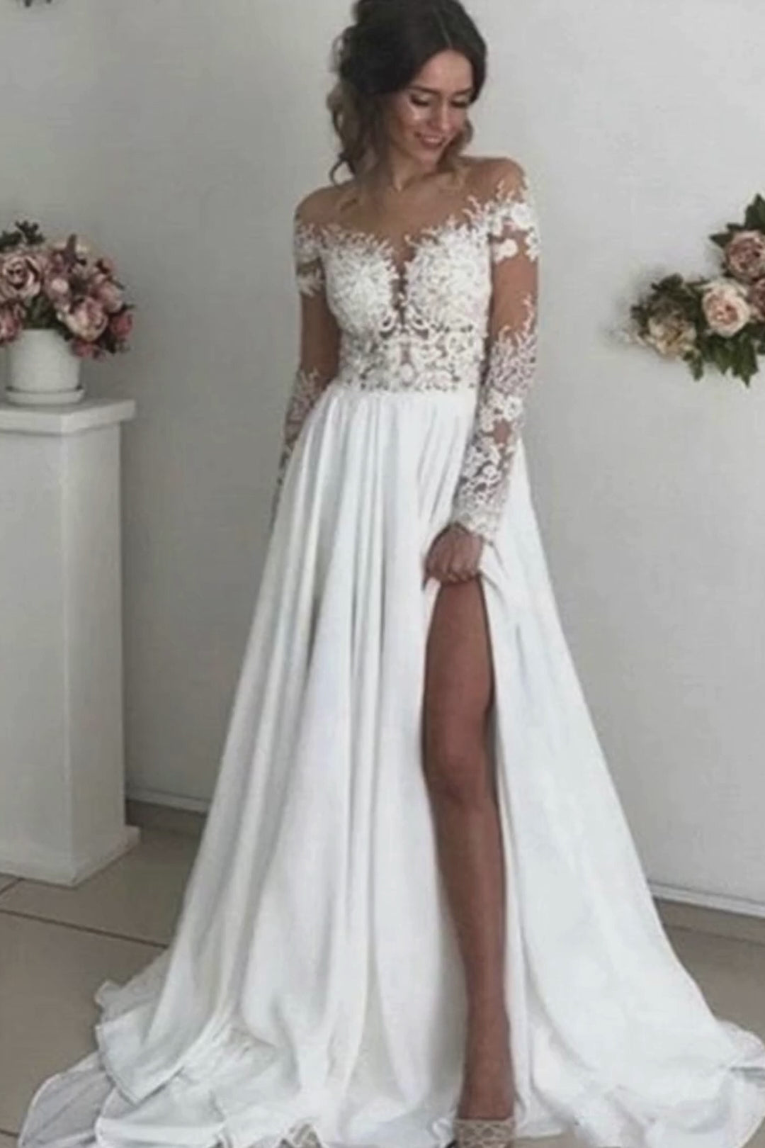Simple Off-the-Shoulder Long Sleeves Wedding Dress with Lace-27dress