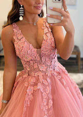 Princess A-line V Neck Sleeveless Prom Dress with Beaded Appliques-27dress