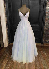 Princess A-Line V-Neck Spaghetti Strap Tulle Glitter Prom Dress-27dress