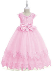 Princess Ball Gown Tulle Cap Sleeve Jewel Neck Wedding Party Flower Girl Dresses-27dress
